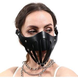 𝅺BLACK Leather Fetish Masquerade Face Mask Slave Bondage BDSM Costume Cosplay